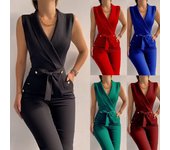 Monos y mamelucos de verano para mujer, monos largos ajustados con cuello en V y botones, monos de trabajo de negocios para mujer S rojo vino