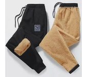 Pantalones elásticos de piel de cordero con cordón y cintura media para hombre: felpa, gruesos y de color liso para otoño e invierno. 4XL