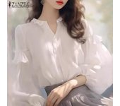 ZANZEA Camisas de manga larga con cuello tipo A y solapa con volantes estilo farol vintage para mujer S blanco