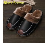 Zapatillas de hombre negras nuevas de invierno de cuero PU, zapatillas de interior cálidas, zapatos de casa impermeables, zapatillas de cuero cálidas para mujer 40