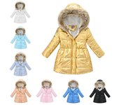 Chaqueta de algodón para niños de invierno para niños grandes en la sección larga de la chaqueta de algodón para hombres y niñas, chaqueta de abrigo de algodón con cuello de pelo y capucha gruesa y brillante. 110cm