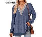 Otoño e Invierno Blusa de Mujer con Cuello en V Encaje Color Sólido Suelto Manga Larga Tops S negro