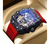 Reloj mecánico hueco automático deportivo tipo barril para hombre, reloj de negocios de silicona resistente al agua luminoso a la moda para hombre rojo