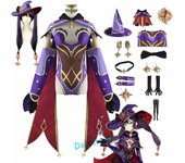 Disfraz de Mona de Genshin Impact para mujer y niña, disfraz de Halloween, carnaval, fiesta, vestido sexy, uniforme, peluca, zapatos, accesorios L-(Costume+Wig)