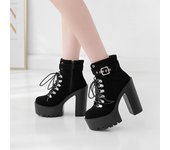 Botas con cordones para mujer, botas con hebilla de plataforma, zapatos de invierno, tacón grueso con cremallera, correa en el tobillo, gamuza negra 35 negro