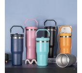 Termo de acero inoxidable de gran capacidad, portátil, para exteriores, con asa, para coche, para viaje, con pajita 900ml