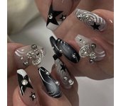 Long Ballerina False Nails Gold Heart Starburst Press on Nails New Fake Nails  DIY JP3259