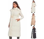 Chalecos largos de plumas para mujer, sin mangas, con capucha, con cremallera, chaqueta acolchada con cinturón, abrigo exterior acolchado L beige