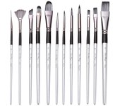 Juego de 12 pinceles para artistas, pinceles de acuarela, pinceles de pelo de nailon, arte profesional plata