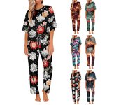 Conjunto de pijama de satén de seda helada con estampado navideño para mujer, conjunto de camisa de manga corta y pantalones de pijama largos, ropa suave para el hogar M oro