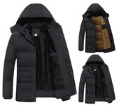Chaqueta de plumón para hombre, con capucha, manga larga, cierre de cremallera, bolsillos, forro de felpa de color sólido, abrigo de plumón grueso resistente al viento XL negro