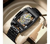Relojes de marca de lujo, reloj de cuarzo con diseño mecánico imitado negro, reloj de pulsera luminoso de acero inoxidable para hombre