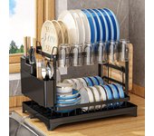 Escurridor De Platos De 2 Niveles, Escurridor De Platos De Cocina A Prueba De Herrumbre con Escurridor Y Soporte para Utensilios para Encimera De Cocina B negro