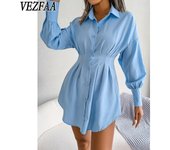 VEZFAA Vestidos casuales de cintura alta con cuello POLO de manga larga con estampado de Color sólido para verano y primavera a la moda para mujer S azul