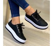 Zapatos de mujer, zapatillas informales para mujer, zapatos de plataforma con punta redonda, tenis con cordones, zapatos vulcanizados para mujer, mocasines de Color sólido para mujer 35 negro