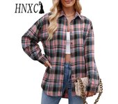 HNXC Blusas y camisas de cuello polo de manga larga con estampado a cuadros informales de moda para mujer para otoño e invierno S borgoña