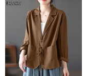 ZANZEA Chaquetas de manga larga con hombros caídos y cuello de traje de otoño para mujer L verde oscuro