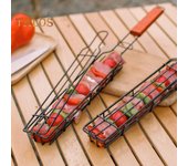 Kabob-cesta para asar con mango de madera, acero inoxidable, portátil, antiadherente, verduras, camarones, carne, perrito caliente, parrilla, red, herramientas para barbacoa marrón