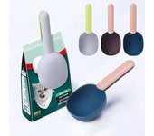 Cuchara para comida para mascotas, cuchara multifuncional para comida para perros y gatos, cuchara para alimentación, bolsa sellada, clip, taza medidora creativa, diseño curvo azul/color rosa