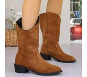 Venta caliente 2024 Zapatos para mujer Botas sin cordones para mujer Botas de invierno con punta puntiaguda y tacón bajo a media pantorrilla Botas occidentales de talla grande 39 marrón claro