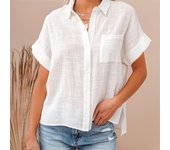 Camisas de lino y algodón liso de verano para mujer, blusas con abertura y botones de manga corta con solapa para oficina, Tops blancos y rojos S rojo