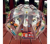 Nuevo paraguas transparente con diseño de camión de bomberos para niños, diseño creativo y bonito de dibujos animados para bebés y estudiantes.