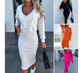 2 Unids/set Conjunto de Vestido de Sudadera para Mujer Cuello en V Suelto Suave Grueso Cálido Color Sólido Top Corto Sin Mangas Vestido Ajustado Vestido Casual hasta Media Pantorrilla L negro