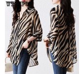 Camisa de gasa holgada de manga larga a rayas con protección solar, estilo coreano, con cuello tipo polo y botonadura sencilla para mujer de verano S
