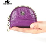 BISON DENIM Moda Mujeres Monedero Pequeño Cuero Genuino Doble Cremallera Monedero Cartera negro
