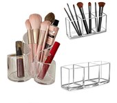 Caja de almacenamiento de brochas de maquillaje acrílicas transparentes con 3 agujeros, soporte para brochas de maquillaje, organizador de mesa, herramienta de maquillaje