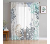 Cortinas transparentes para sala de estar, cocina, ventana, dormitorio, gasa de tul con diseño abstracto de vida marina, concha de estrella de mar 135W x 114H(cm)