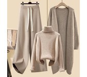 Chaqueta tipo cárdigan de invierno de talla grande para mujer, suéter de cuello alto/polo, pantalones acampanados, conjunto de tres piezas, largo largo 4XL