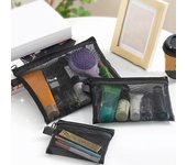 Bolsa de maquillaje Cierre de cremallera transparente Apertura grande Portátil Ligero Viaje Bolsa de maquillaje de viaje Auricular Llave Stoarge Bolsa de malla Bolsa de inodoro S negro