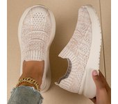 Zapatillas de deporte transpirables tejidas para mujer, zapatos bajos cómodos, zapatos para exteriores sin cordones 35 beige