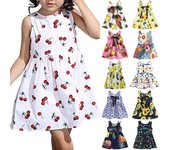 Vestido de princesa fresco y cómodo con estampado de frutas y cuello redondo sin mangas con lazo para niñas lindas Vestido de verano de una línea 110