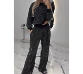 Conjuntos de mujer con lentejuelas deportivas casuales de manga larga con cuello redondo, top holgado con cordón, pantalones rectos, conjunto de dos piezas L negro
