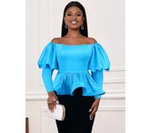 AOMEI Blusa de fiesta de noche para mujer Azul Hombro frío Mangas largas de linterna Volantes Cumpleaños Cóctel Evento Ocasión Jersey Peplum Tops S azul