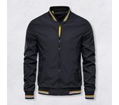 Chaqueta de hombre con cuello alto, manga larga, parches de colores, chaqueta de béisbol, cierre de cremallera completa, dos bolsillos laterales, chaqueta informal, abrigo M negro