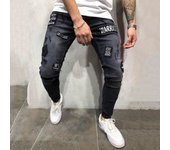 Primavera y otoño nuevos pantalones vaqueros de pierna pequeña pegados con insignia de agujero negro ajustado para hombres nuevos S gris