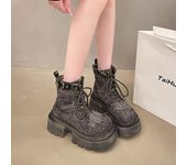 Nuevas botas de moto cortas de trabajo elevadas con suela gruesa para mujer, botas vaqueras occidentales con cordones estilo retro para mujer 35