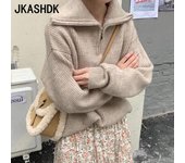 JKASHDK Suéteres de cuello polo de manga larga con estampado de colores sólidos informales de moda para mujer Otoño Invierno average size caqui