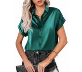 Camisa de satén para mujer, blusa holgada de manga corta con botones y solapa negra, verde y blanca S negro