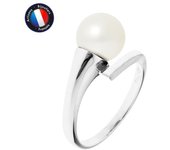 PERLINEA - Anillo Perla Cultivada de Agua Dulce Redonda Auténtica 8-9 mm - Color Blanco Natural - Oro Blanco - Joyas Mujer