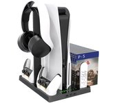 Soporte vertical con ventilador de refrigeración para consola PS5, estación de carga Dualsense con puertos de cargador de controlador dual y ranuras de almacenamiento de juegos retráctiles negro