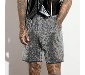 Pantalones cortos casuales para hombre, de tiro medio, cintura elástica, hasta la rodilla, con bolsillos, lentejuelas brillantes, corte holgado. S plata