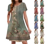 Vestidos de verano para mujer, vestido playero con estampado floral, manga corta, bolsillos, vestido informal estilo camiseta L azul