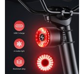 Luz trasera para bicicleta Rockbye, 6 modos, recargable vía USB, de aluminio, para sillín de bicicleta de montaña o carretera, con luz LED de advertencia.