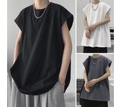 Camiseta de verano para hombre, cuello redondo, sin mangas, holgada, color sólido, talla grande, largo medio, informal, suave, transpirable, camiseta sin mangas deportiva M negro