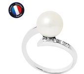 PERLINEA - Anillo de Perlas Cultivadas de Agua Dulce Redondas Genuinas 8-9 mm - Color Blanco Natural - Diamante - Oro Blanco - Joyería Mujer