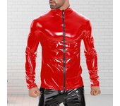 Chaqueta de cuero sintético para hombre, color liso, brillante, cuello alto, cierre de cremallera, elástico largo M negro